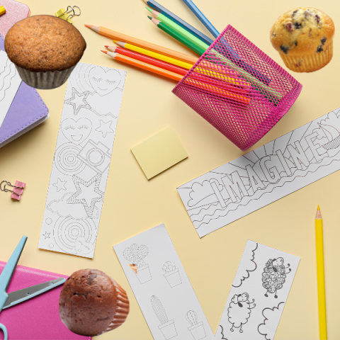 Bookmarks, colored pencils, and muffins.