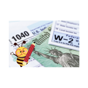 Bee holding a pencil. Tax forms in background.