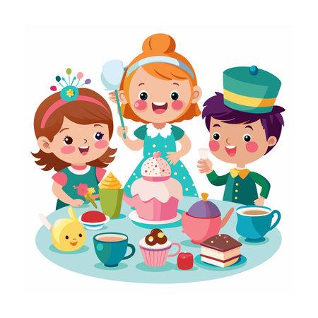 Children sitting at a table with tea and snacks