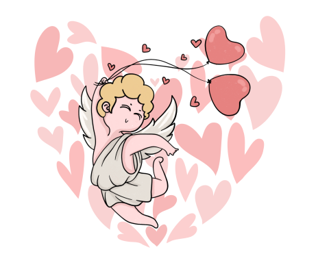 A cupid surrounded by hearts