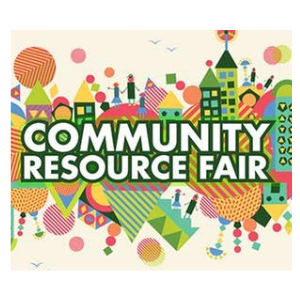 Community Resource Fair with background of colorful buildigs