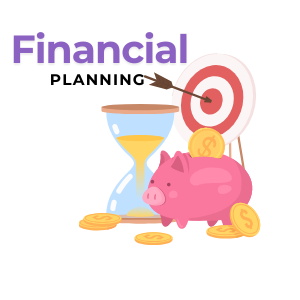 Financial planning. Pictures of a target, hour glass and piggy bank. 