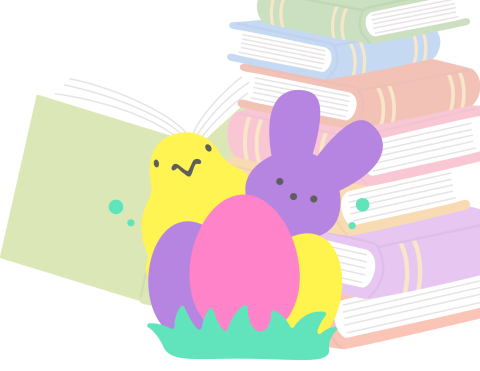 A marshmallow Peep chick and Peep bunny peak from behind some easter eggs