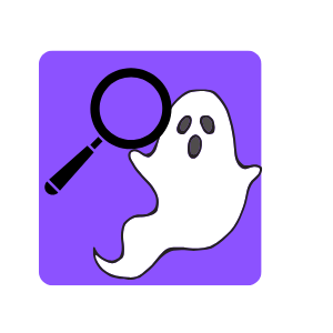 Ghost and a magnifying glass on a purple background. 