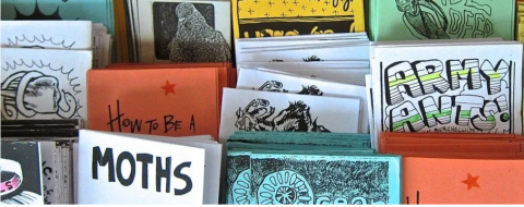 Several Zines in a bookcase