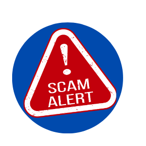 Red Triangle with words "Scam Alert" on a blue circle. 