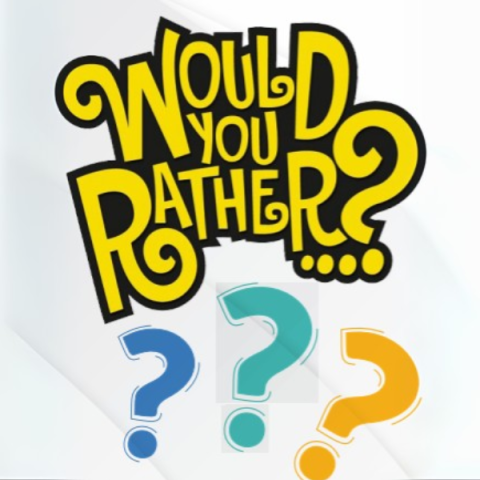 The words "Would you Rather?" in yellow with blue, teal and orange question marks