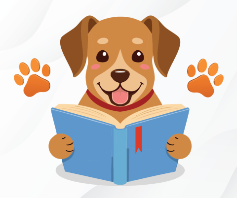 Paws to Read: Read-Aloud with Doggies. An image of a dog holding an open book is displayed. Two pawprints are also displayed.