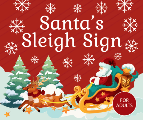 Santa and his sleigh with a wintery theme of snow covered trees and snowflakes