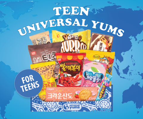 Teen Universal Yums - for Teens. Shows image of treats/snacks/candies from other countries.