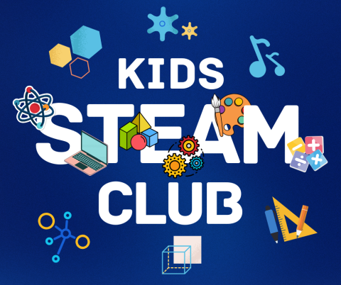 Kids STEAM Club. Image shows symbols to represent science, technology, engineering, art, and math.