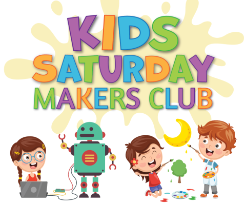 Kids Saturday Makers Club. Image show a child with a computer and a robot and two children that are painting.