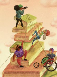 Picture of children climbing on books with someone in a wheelchair overlooking them.