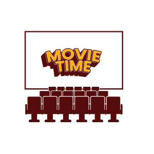 Theater seating with "Movie Time" on the screen. 