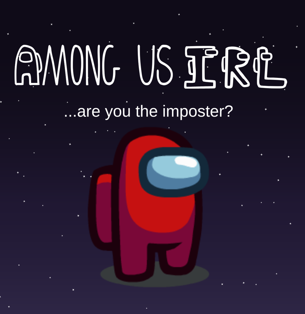 Among Us character standing in an outer space background