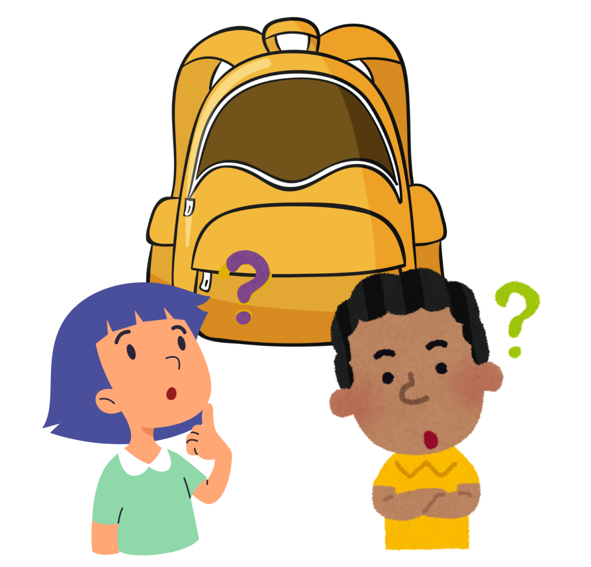 Thinking kids in front of a yellow bookbag