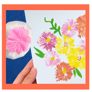 Canvas with flowers and a plastic bag used to paint flowers. 