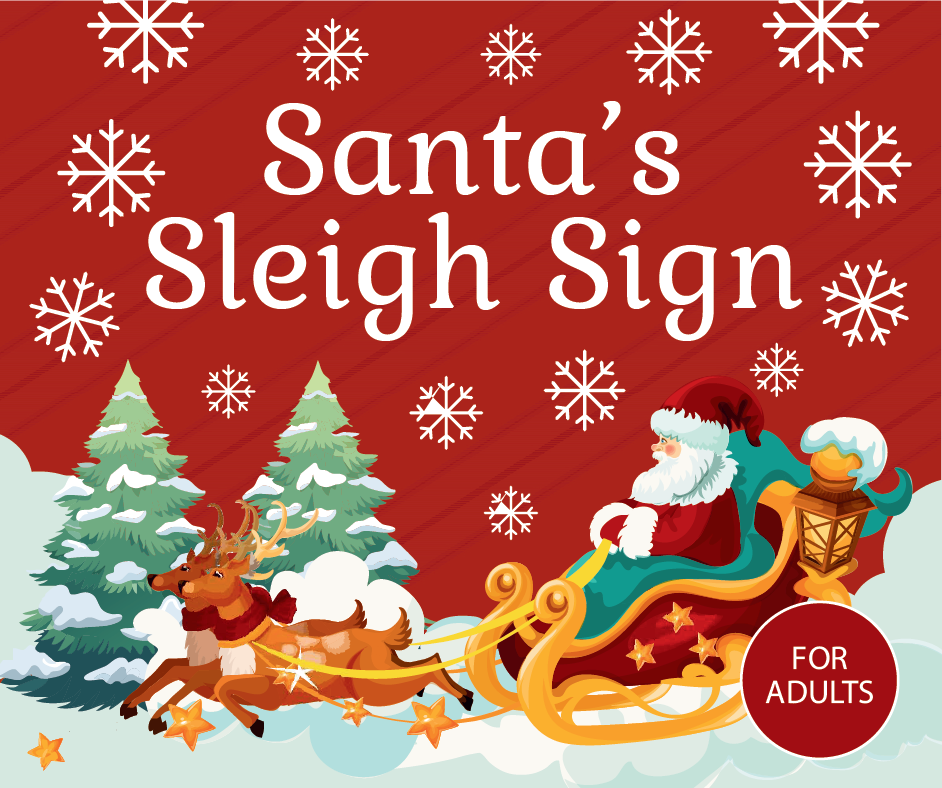 Santa and his sleigh with a wintery theme of snow covered trees and snowflakes